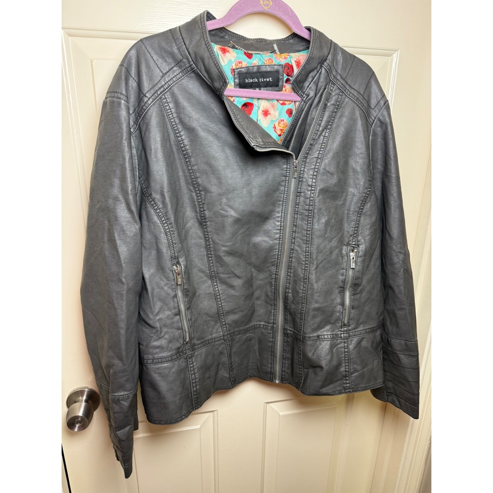 Black Rivet Womens 3X Gray Faux Leather Moto Jacket Floral Lining